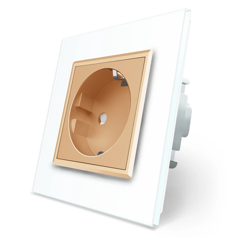 Електрична розетка з заземленням LIVOLO, золота з білою рамкою, шторки, скло, 250В 16А (VL-C7C1EU-11/13)