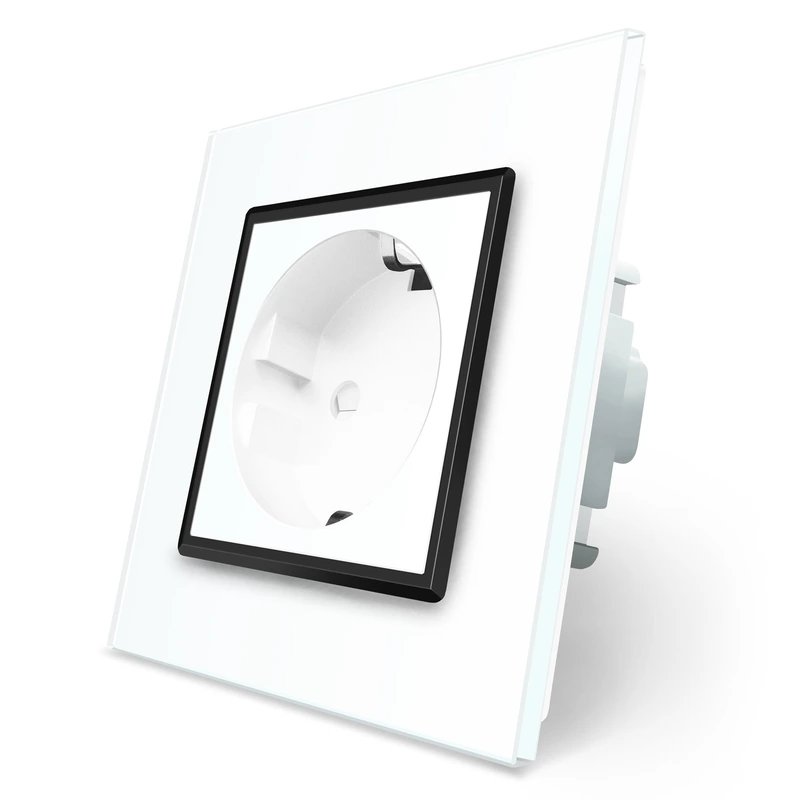 Електрична розетка з заземленням LIVOLO, біла з чорною вставкою, шторки, скло, 250В 16А (VL-C7C1EU-11B)