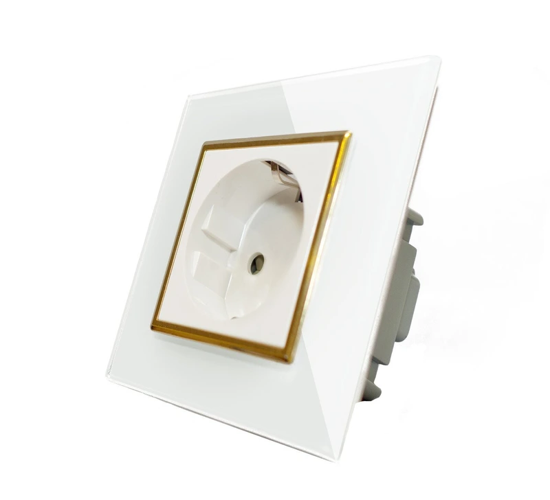 Електрична розетка з заземленням LIVOLO, біла з золотою вставкою, скло, шторки, 250В 16А (VL-C7C1EU-11G)