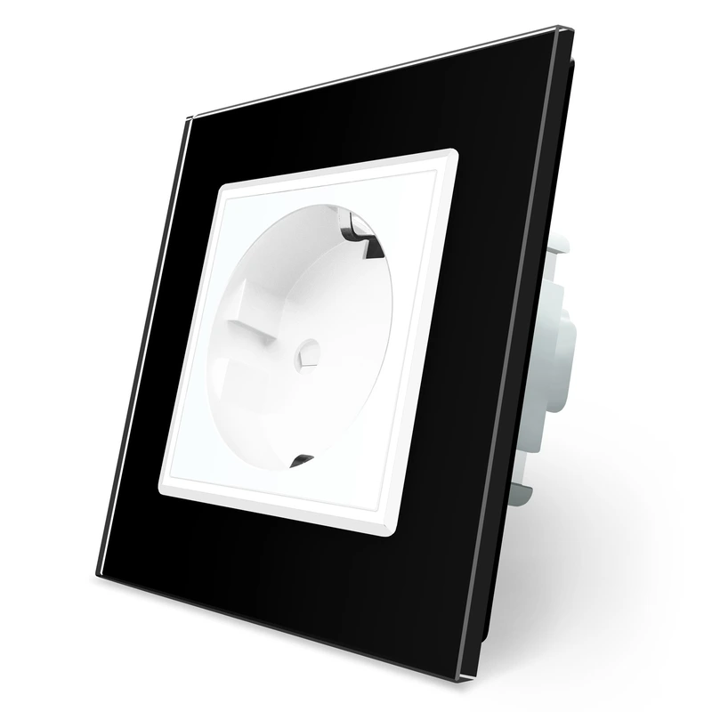 Електрична розетка з заземленням LIVOLO, біла з чорною рамкою, шторки, скло, 250В 16А (VL-C7C1EU-12/11)