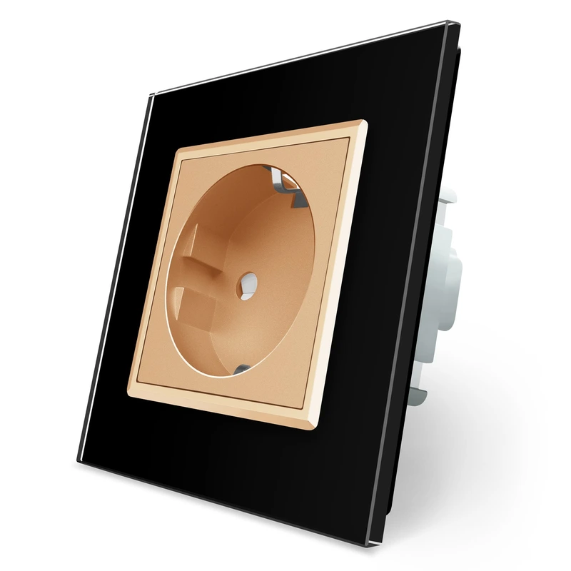 Електрична розетка з заземленням LIVOLO, золота з чорною рамкою, шторки, скло, 250В 16А (VL-C7C1EU-12/13)