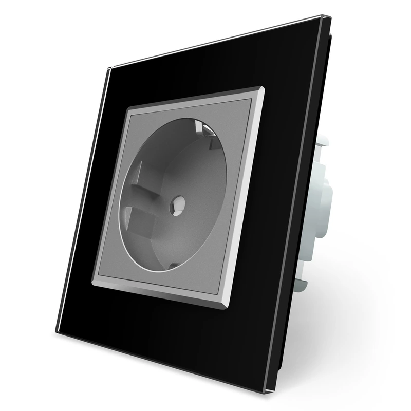 Електрична розетка з заземленням LIVOLO, сіра з чорною рамкою, шторки, скло, 250В 16А (VL-C7C1EU-12/15)
