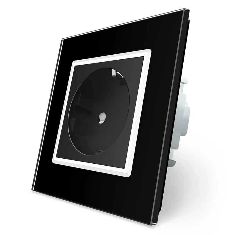 Електрична розетка з заземленням LIVOLO, чорна з білою вставкою, шторки, скло, 250В 16А (VL-C7C1EU-12W)