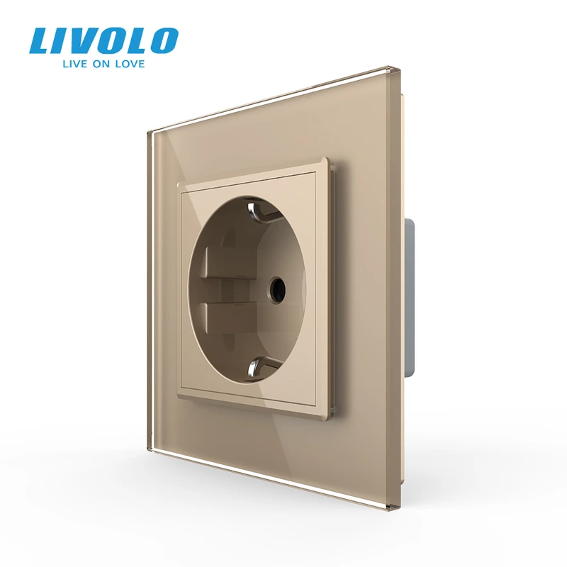 Електрична розетка з заземленням LIVOLO, золота, скляна рамка, шторки, 250В 16А (VL-C7C1EU-13)