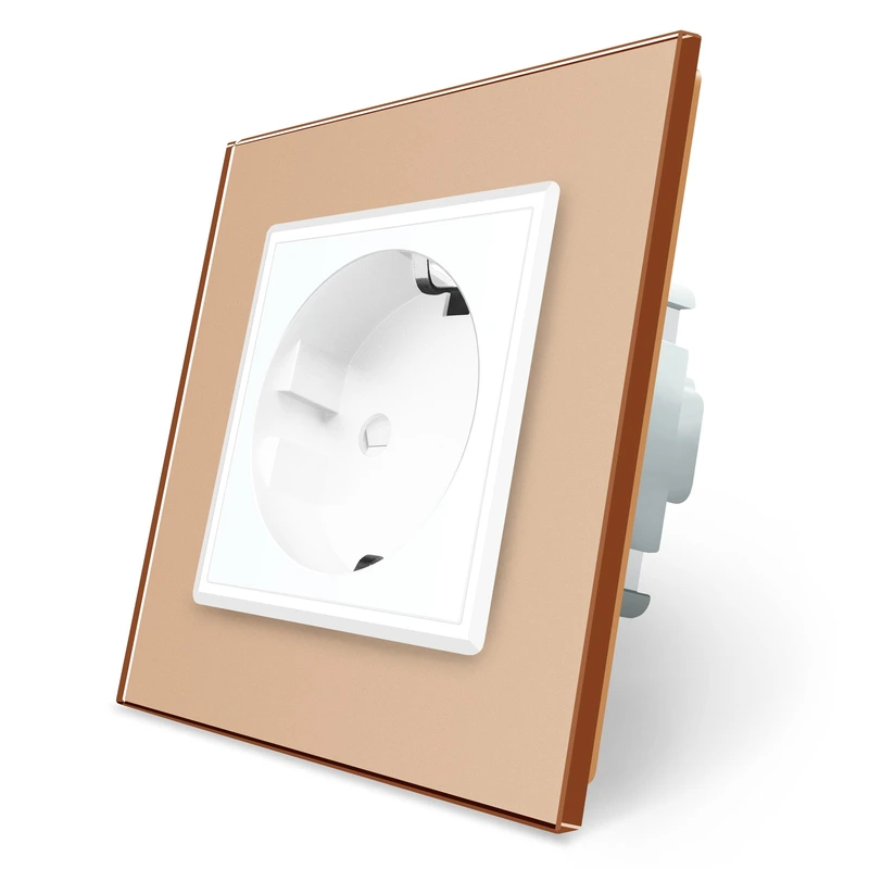 Електрична розетка з заземленням LIVOLO, біла з золотою рамкою, шторки, скло, 250В 16А (VL-C7C1EU-13/11)