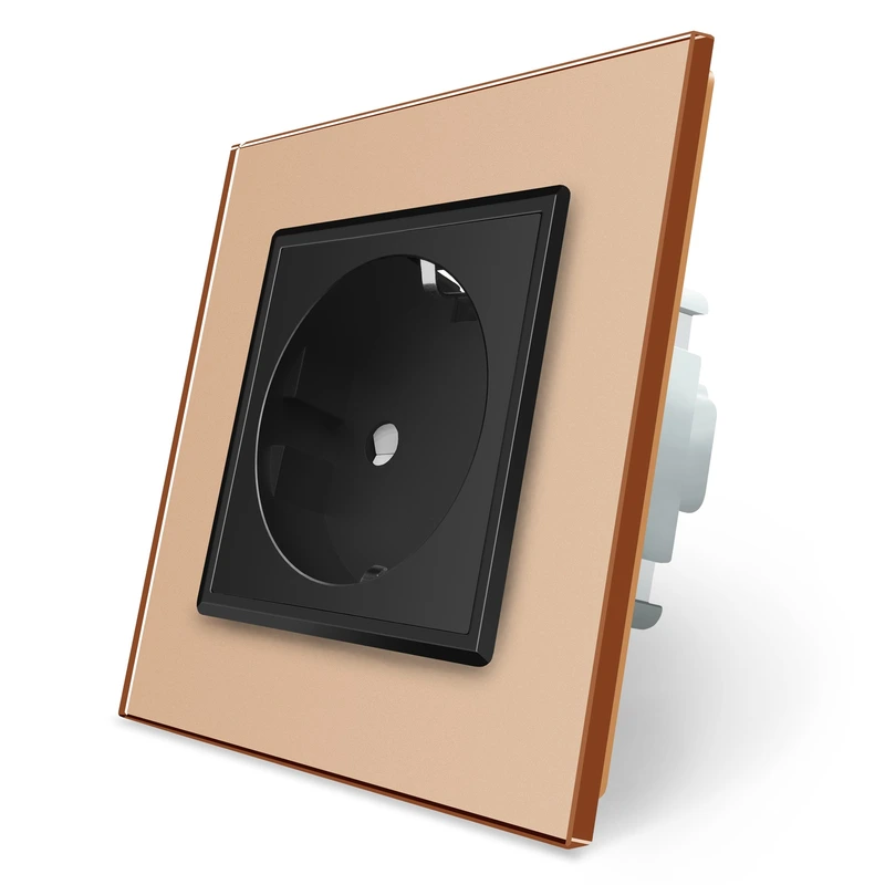 Електрична розетка з заземленням LIVOLO, чорна з золотою рамкою, шторки, скло, 250В 16А (VL-C7C1EU-13/12)