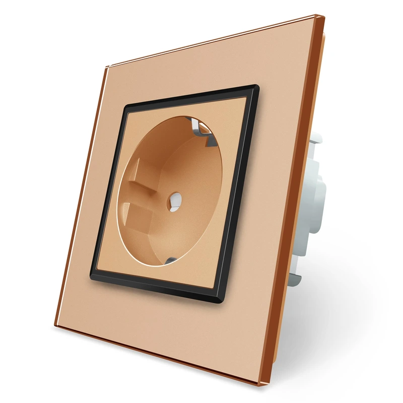 Електрична розетка з заземленням LIVOLO, золота з чорною вставкою, шторки, скло, 250В 16А (VL-C7C1EU-13B)