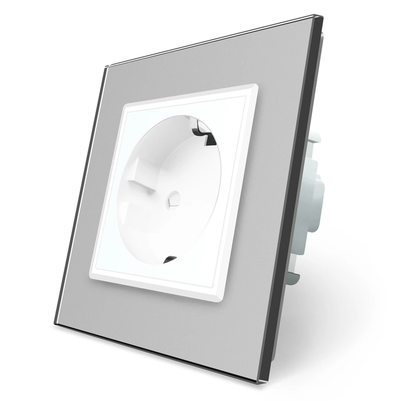 Електрична розетка з заземленням LIVOLO, біла з сірою рамкою, шторки, скло, 250В 16А (VL-C7C1EU-15/11)