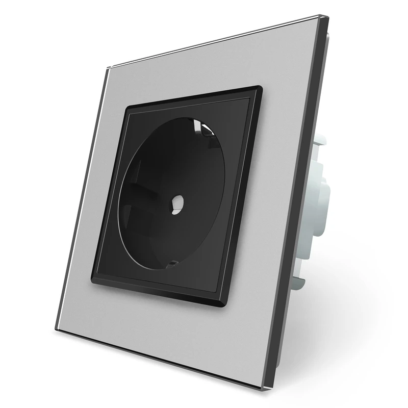 Електрична розетка з заземленням LIVOLO, чорна з сірою рамкою, шторки, скло, 250В 16А (VL-C7C1EU-15/12)