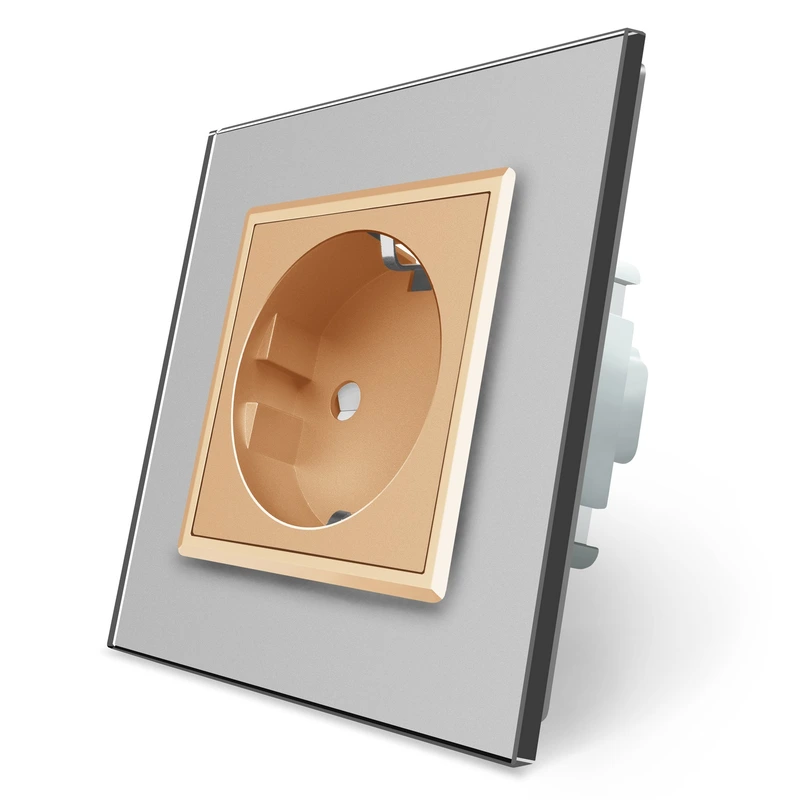Електрична розетка з заземленням LIVOLO, золота з сірою рамкою, шторки, скло, 250В 16А (VL-C7C1EU-15/13)