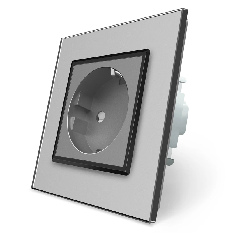 Електрична розетка з заземленням LIVOLO, сіра з чорною вставкою, шторки, скло, 250В 16А (VL-C7C1EU-15B)
