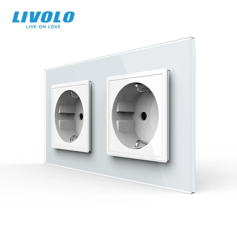 Подвійна електрична розетка з заземленням LIVOLO, біла, скляна рамка, шторки, 250В 16А (VL-C7C2EU-11)