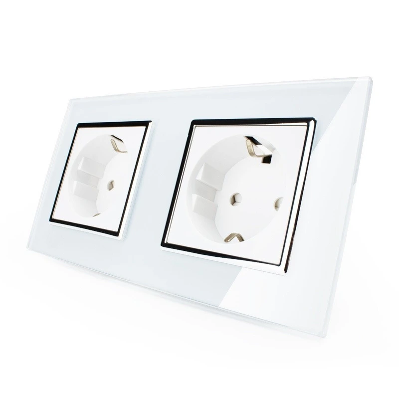 Подвійна електрична розетка з заземленням LIVOLO, біла з хромованою вставкою, скляна рамка, шторки, 250В 16А (VL-C7C2EU-11C)