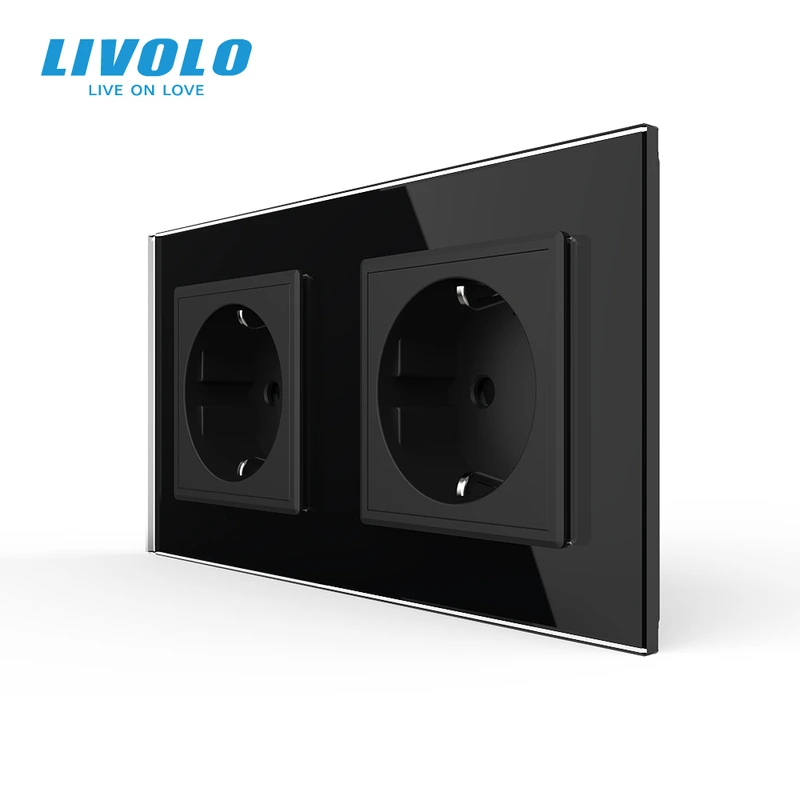 Подвійна електрична розетка з заземленням LIVOLO, чорна, скляна рамка, шторки, 250В 16А (VL-C7C2EU-12)