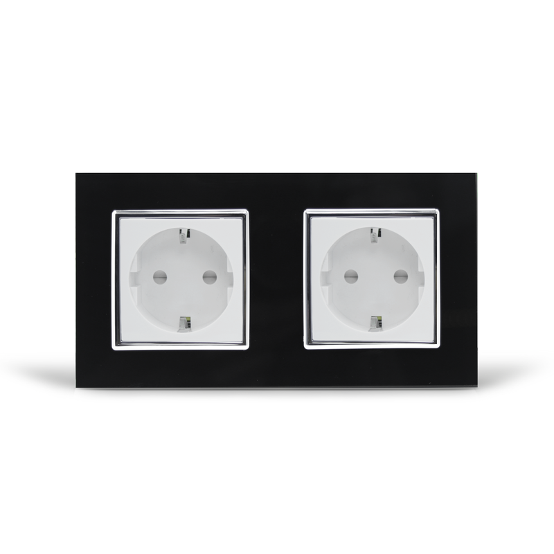 Подвійна електрична розетка з заземленням LIVOLO, біла з чорною рамкою, хромованою вставкою, скло, шторки, 250В 16А (VL-C7C2EU-12/11C)