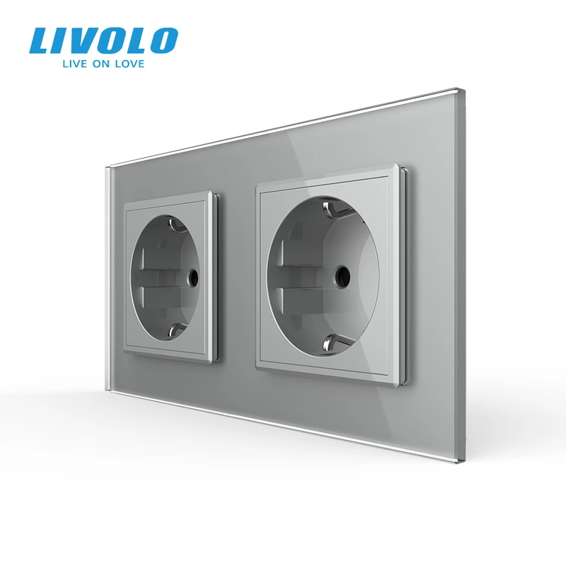 Подвійна електрична розетка з заземленням LIVOLO, сіра, скляна рамка, шторки, 250В 16А (VL-C7C2EU-15)