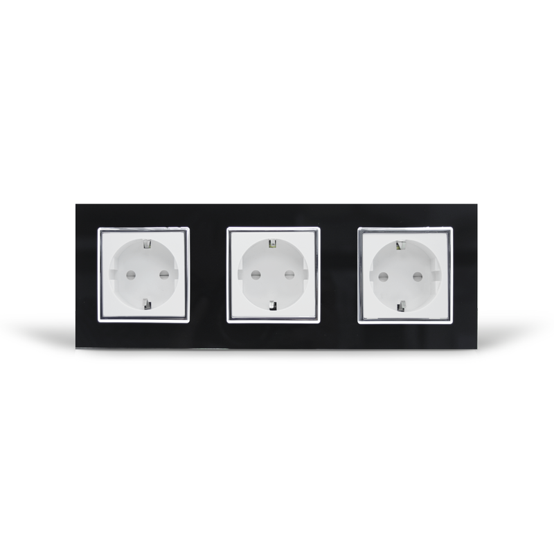 Потріна електрична розетка з заземленням LIVOLO, біла з чорною рамкою, хромованою вставкою, скло, шторки, 250В 16А (VL-C7C3EU-12/11C)