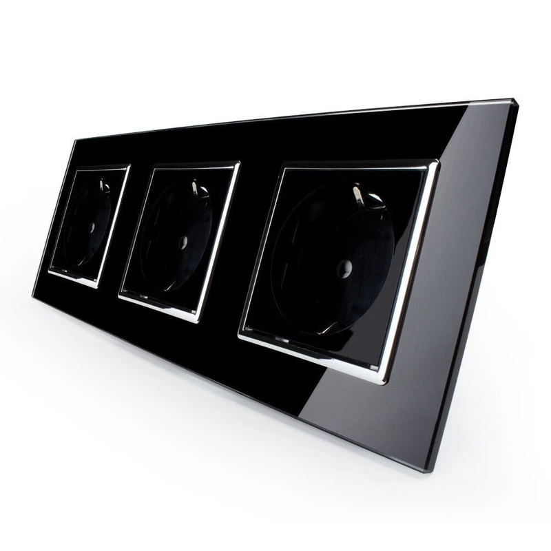 Потрійна електрична розетка з заземленням LIVOLO, чорна з хромованою вставкою, скляна рамка, шторки, 250В 16А (VL-C7C3EU-12C)