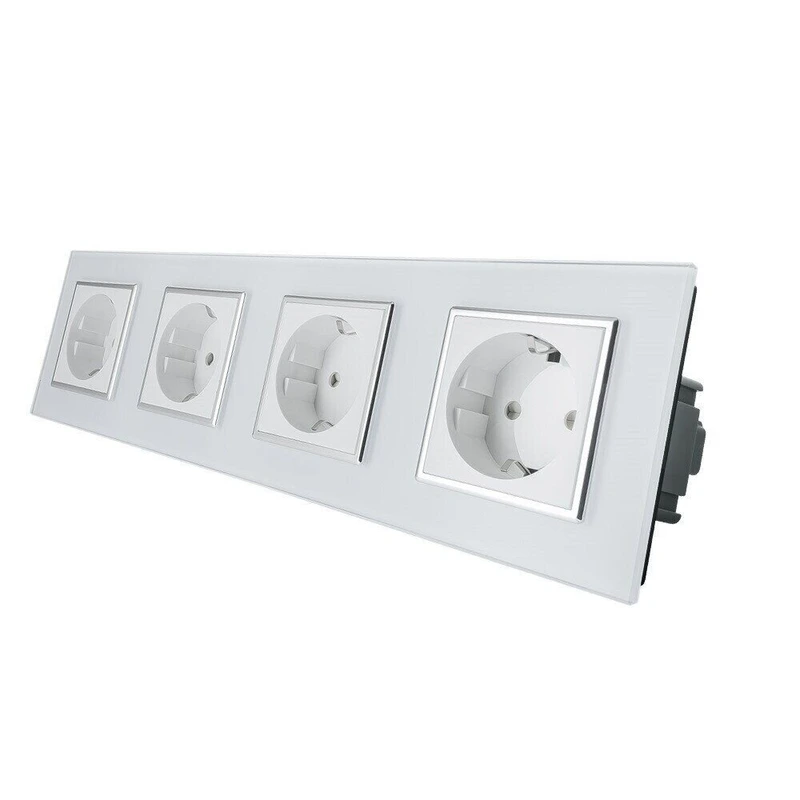 Чотиримісна електрична розетка з заземленням LIVOLO, біла з хромованою вставкою, скляна рамка, шторки, 250В 16А (VL-C7C4EU-11C)