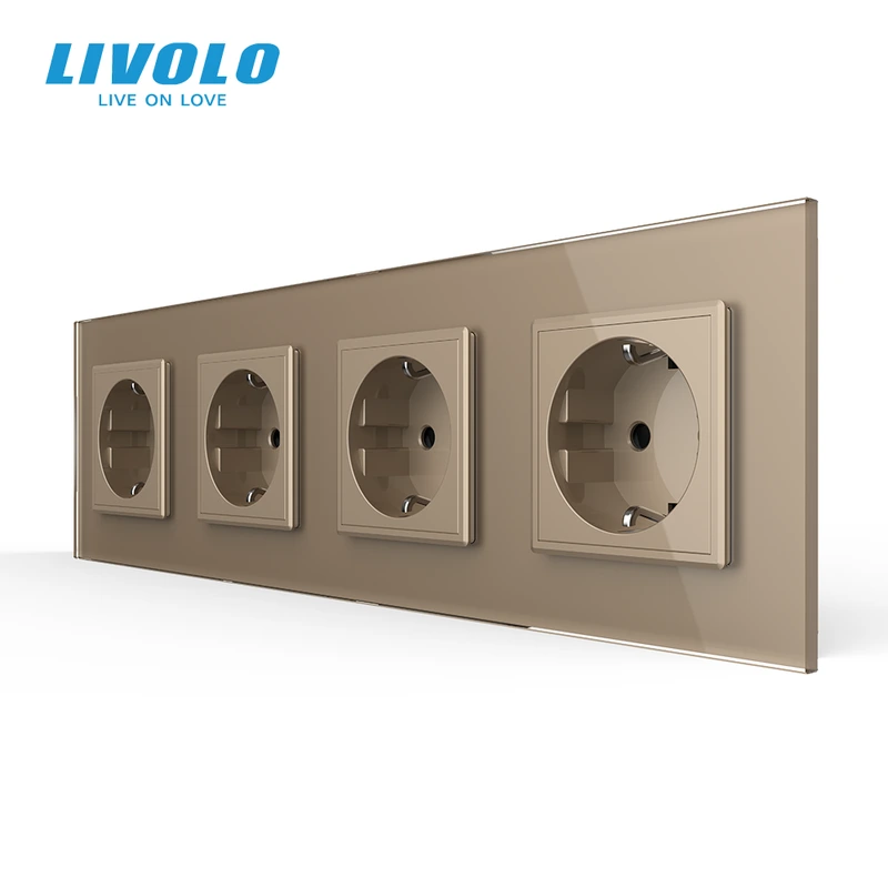 Чотиримісна електрична розетка з заземленням LIVOLO, золота, скляна рамка, шторки, 250В 16А (VL-C7C4EU-13)