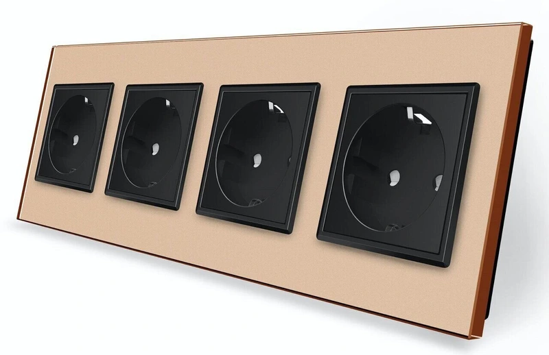 Чотиримісна електрична розетка з заземленням LIVOLO, чорна з золотою рамкою, шторки, скло, 250В 16А (VL-C7C4EU-13/12)