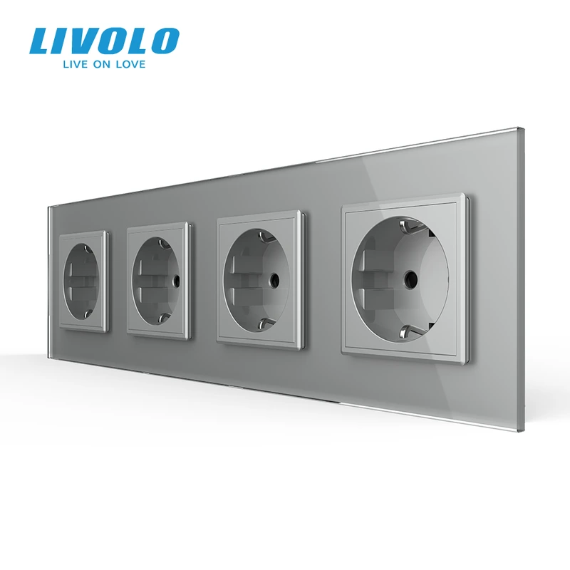 Чотиримісна електрична розетка з заземленням LIVOLO, сіра, скляна рамка, шторки, 250В 16А (VL-C7C4EU-15)