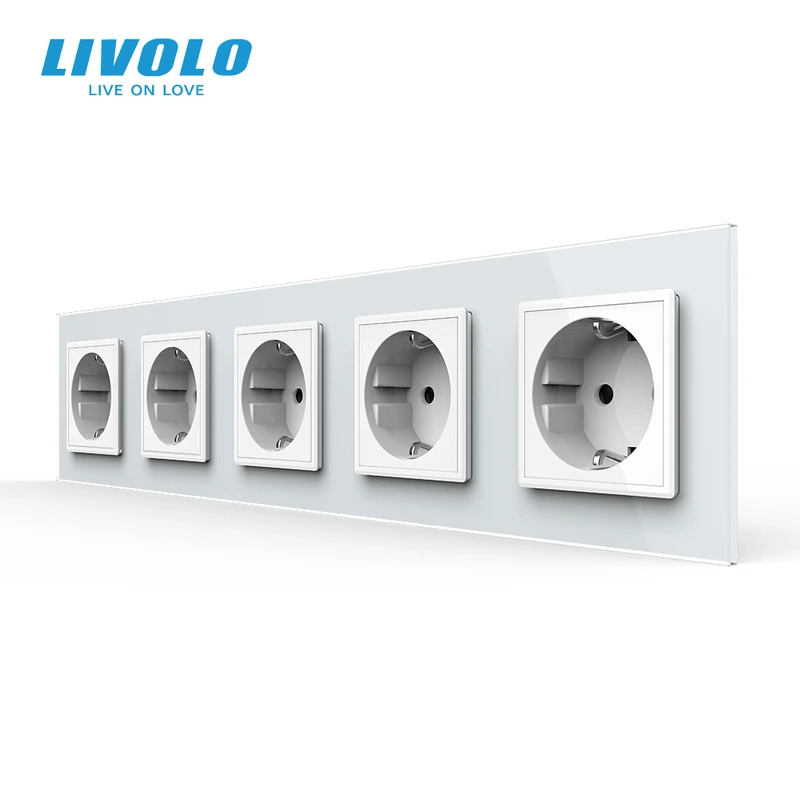 П’ятимісна електрична розетка з заземленням LIVOLO, біла, скляна рамка, шторки, 250В 16А (VL-C7C5EU-11)