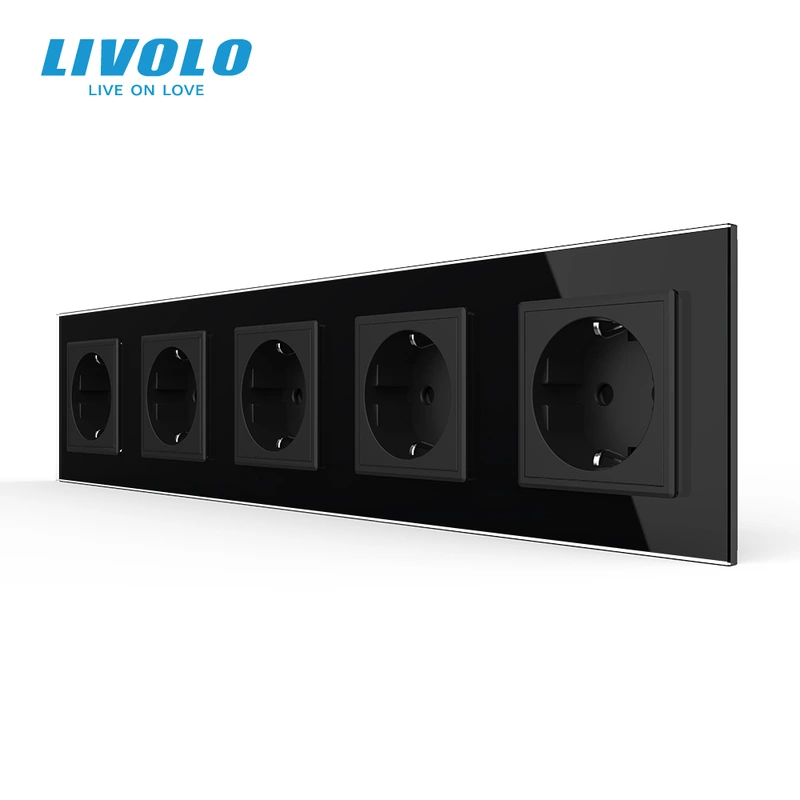 П’ятимісна електрична розетка з заземленням LIVOLO, чорна, скляна рамка, шторки, 250В 16А (VL-C7C5EU-12)