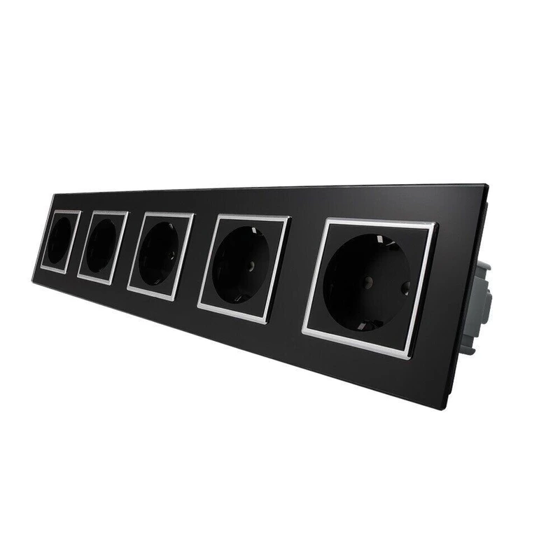 П’ятимісна електрична розетка з заземленням LIVOLO, чорна з хромованою вставкою, скляна рамка, шторки, 250В 16А (VL-C7C5EU-12C)