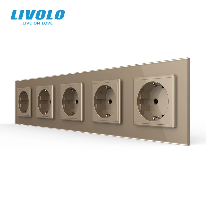 П’ятимісна електрична розетка з заземленням LIVOLO, золота, скляна рамка, шторки, 250В 16А (VL-C7C5EU-13)