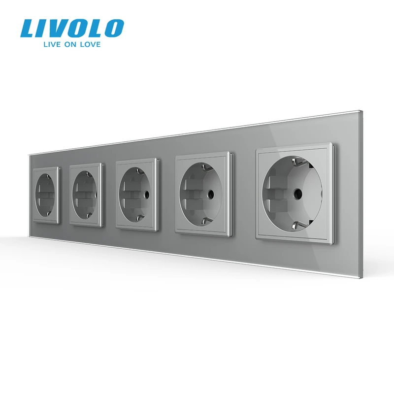 П’ятимісна електрична розетка з заземленням LIVOLO, сіра, скляна рамка, шторки, 250В 16А (VL-C7C5EU-15)
