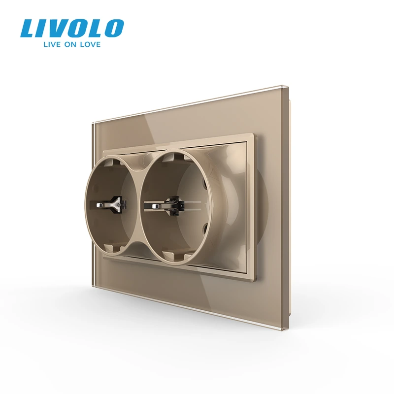 Подвійна електрична розетка в один підрозетник з заземленням LIVOLO, золота, скляна рамка, 250В 16А (VL-C7CTF16A.TF16A-AP)