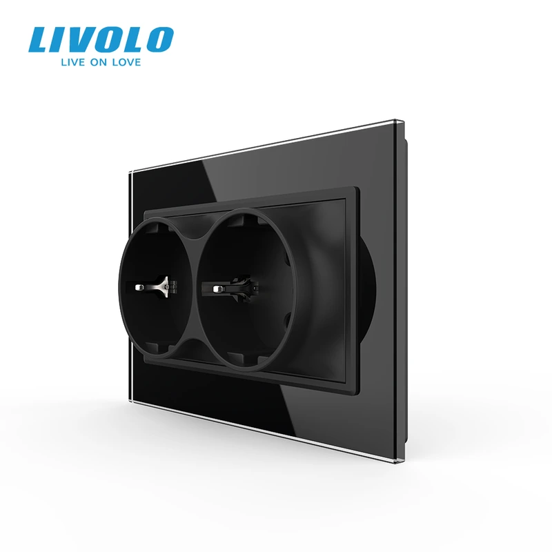 Подвійна електрична розетка в один підрозетник з заземленням LIVOLO, чорна, скляна рамка, 250В 16А (VL-C7CTF16A.TF16A-BP)