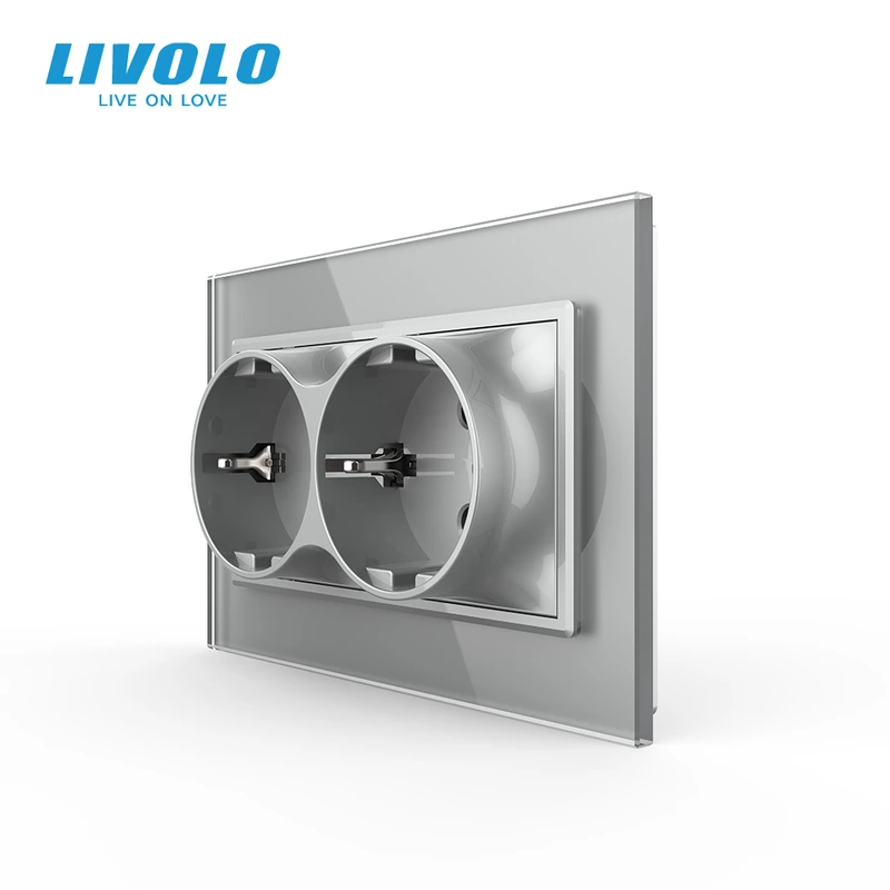 Подвійна електрична розетка в один підрозетник з заземленням LIVOLO, сіра, скляна рамка, 250В 16А (VL-C7CTF16A.TF16A-IP)