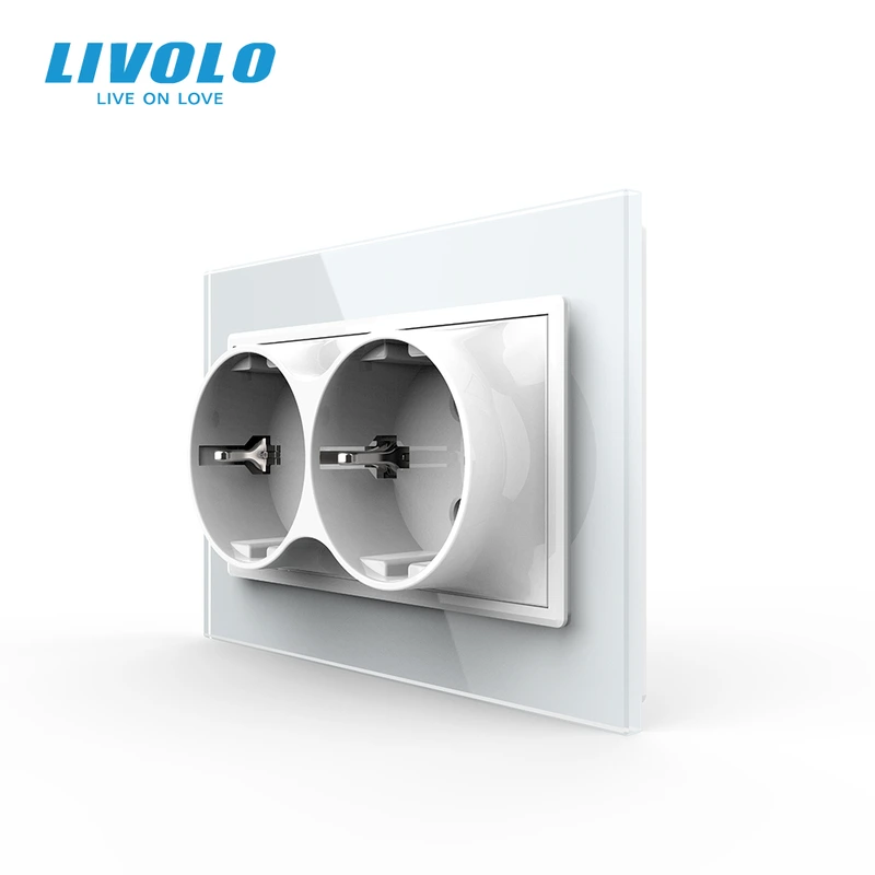 Подвійна електрична розетка в один підрозетник з заземленням LIVOLO, біла, скляна рамка, 250В 16А (VL-C7CTF16A.TF16A-WP)