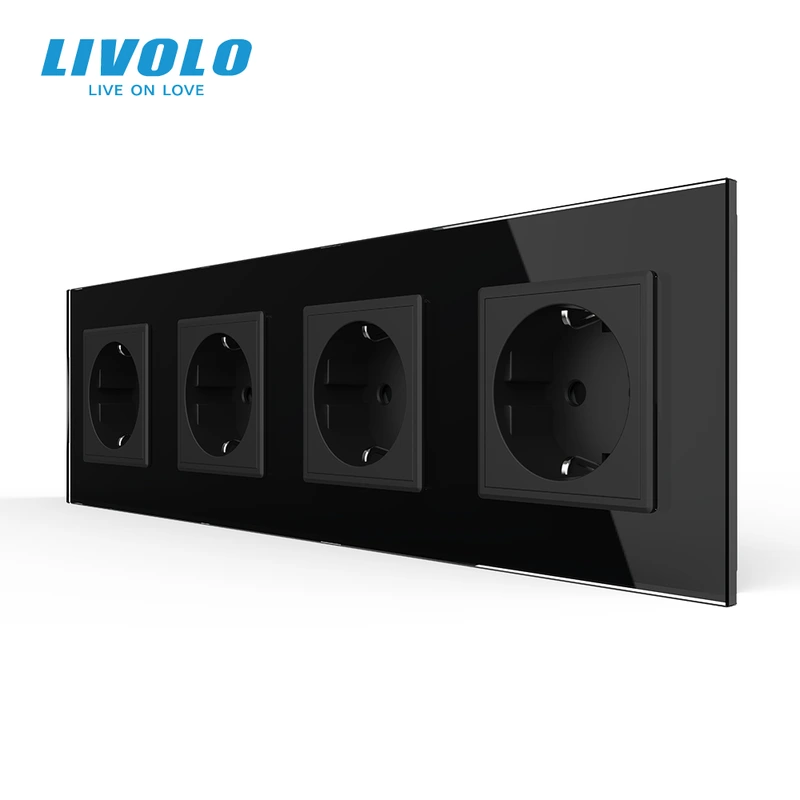 Чотиримісна електрична розетка з заземленням LIVOLO, чорна, скляна матова рамка, шторки, 250В 16А — Livolo