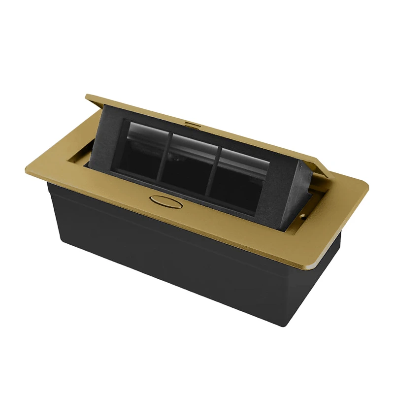 Розетковий люк LIVOLO золотий, вбудований у стільницю, меблевий пустий корпус без розеток для наповнення модулями, плавне відкриття, алюміній, 265×118×70 мм, для кухні, офісу чи конференц-залу (VL-SHS013-A)