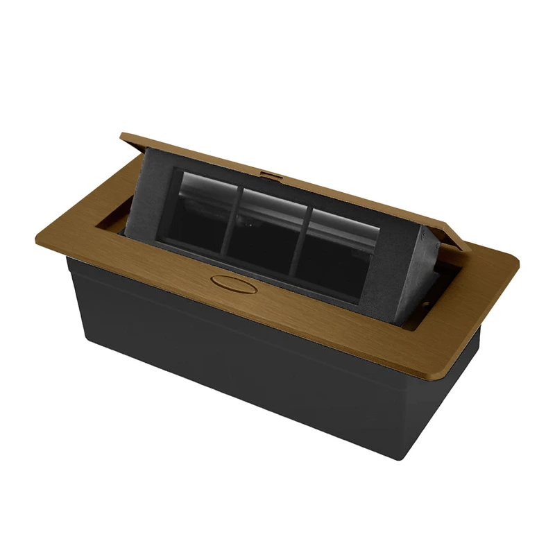 Розетковий люк LIVOLO бронзовий, вбудований у стільницю, меблевий пустий корпус без розеток для наповнення модулями, плавне відкриття, алюміній, 265×118×70 мм, для кухні, офісу чи конференц-залу (VL-SHS013-BR)