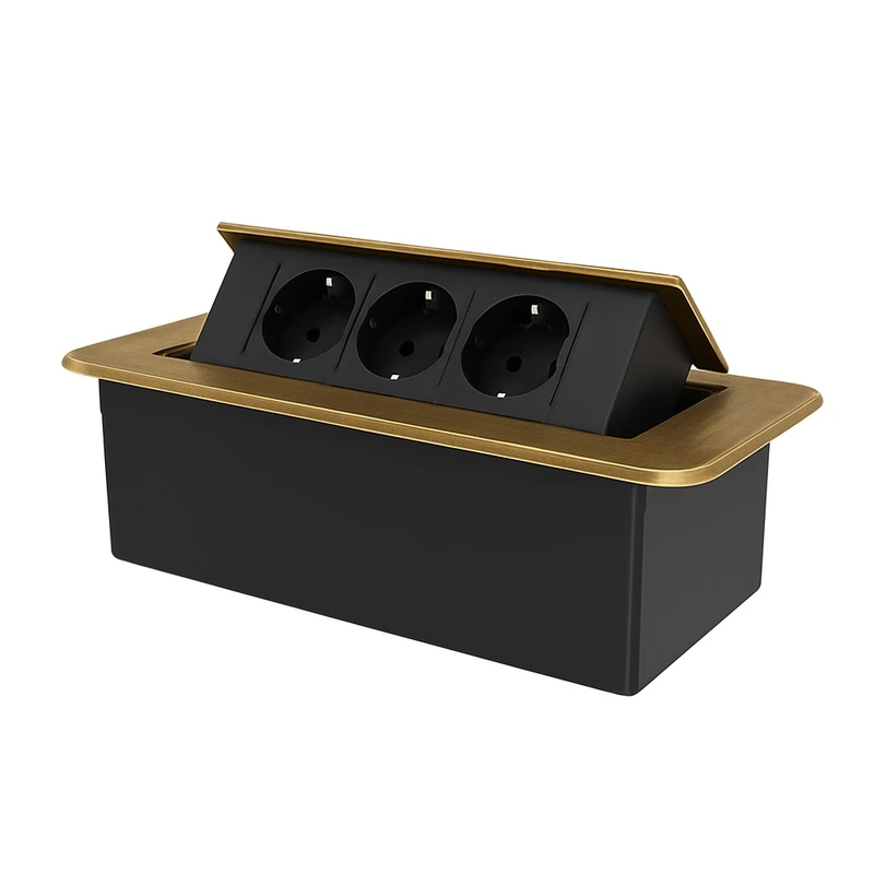 Меблева розетка потрійна LIVOLO бронзова, вбудована у стільницю, для кухні/офісу/конференц-залу, висувна, з заземленням, плавне відкриття, алюміній 265×118×70 мм (VL-SHS013-TCBP-BR)