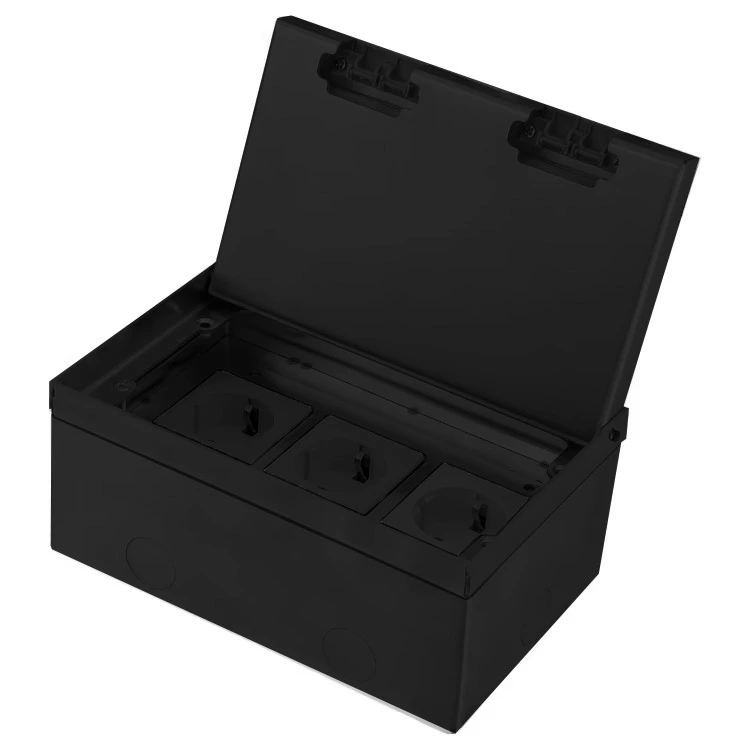 Розетка підлогова потрійна LIVOLO чорна, вбудована невидима прихованого монтажу, 3 розетки з кришкою і заземленням, IP54, нержавіюча сталь, 200×130×84 мм (VL-SHSJ53-TCIP-B) — Livolo