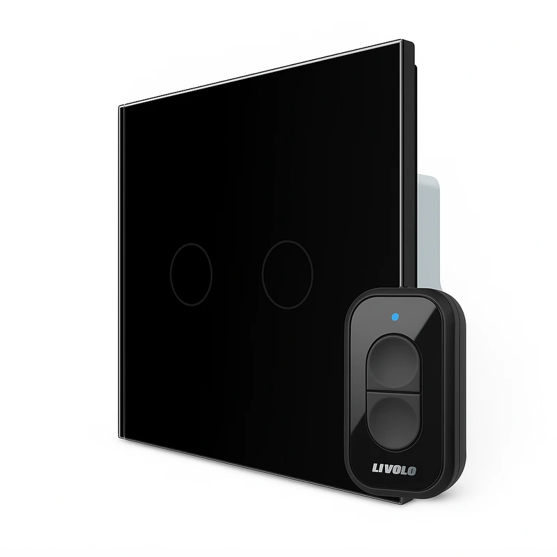 Радіокерований (дистанційний) сенсорний вимикач LIVOLO з пультом і таймером, для ролет, електрокарнизів та воріт, 5А 230В, з нейтраллю, безпотенційний / сухий контакт, чорний матове скло
