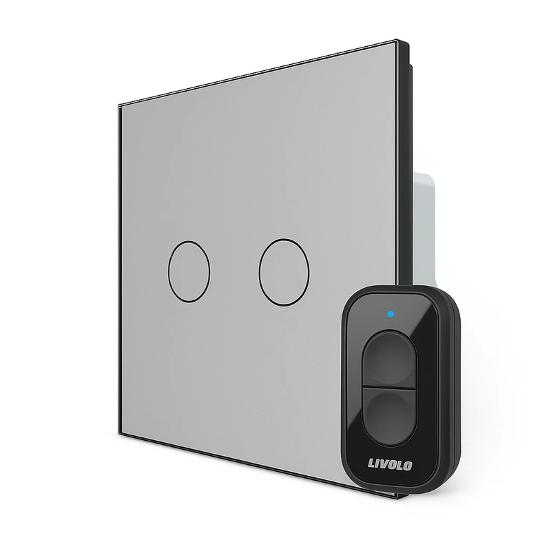 Радіокерований (дистанційний) сенсорний вимикач LIVOLO з пультом і таймером, для ролет, електрокарнизів та воріт, 5А 230В, з нейтраллю, безпотенційний / сухий контакт, сірий матове скло