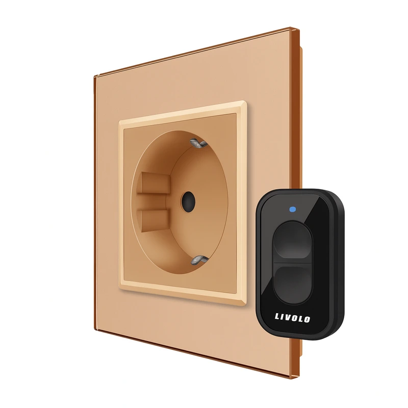 Радіокерована (дистанційна) розетка з пультом LIVOLO з заземленням та захисними шторками, керування зі смартфона, Alexa, Google Home, 16А 230В золота, матове скло