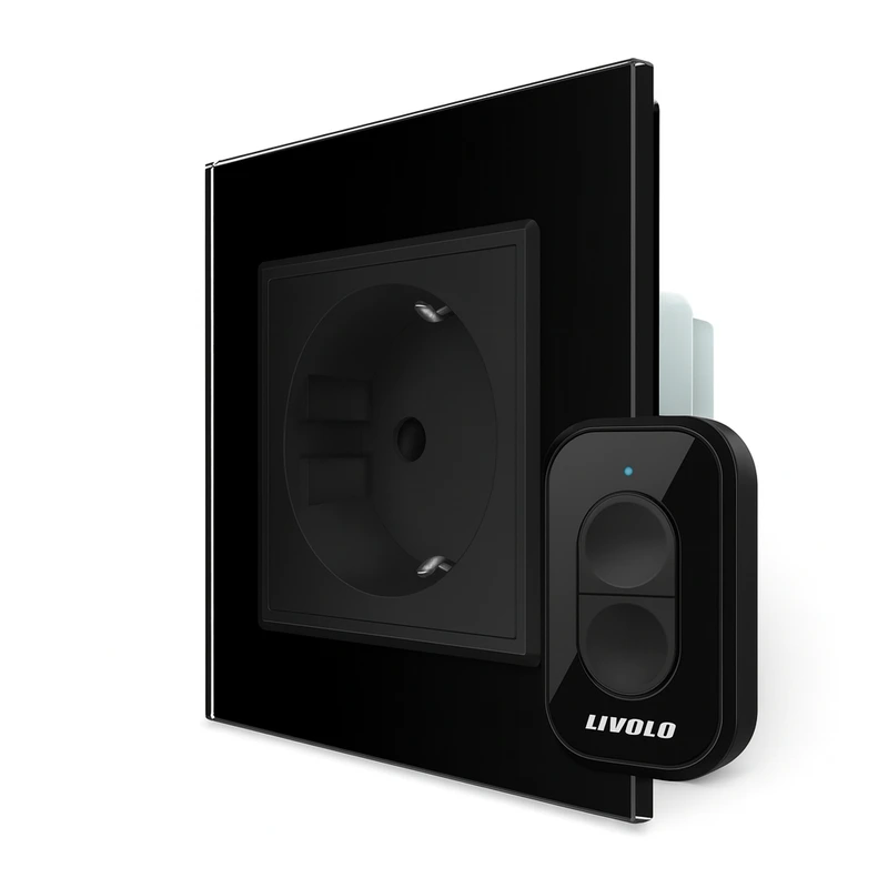 Радіокерована (дистанційна) розетка з пультом LIVOLO, чорна, з заземленням та захисними шторками, керування зі смартфона, Alexa, Google Home, 16А 230В (VL-M7FCTC16AZ2-2BP/VL-XR006)