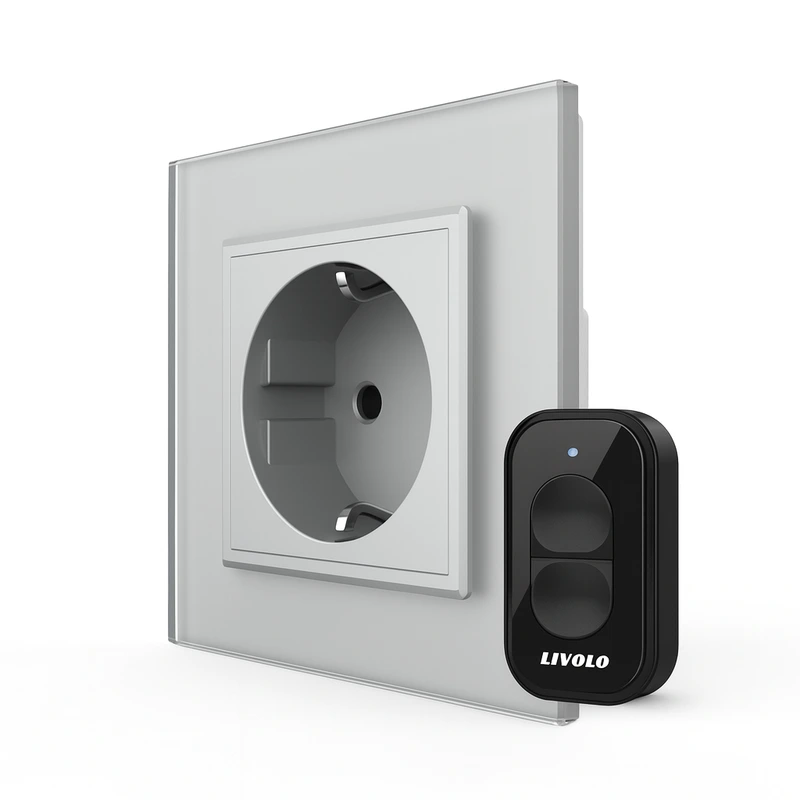 Радіокерована (дистанційна) розетка з пультом LIVOLO, сіра, з заземленням та захисними шторками, керування зі смартфона, Alexa, Google Home, 16А 230В (VL-M7FCTC16AZ2-2IP/VL-XR006)