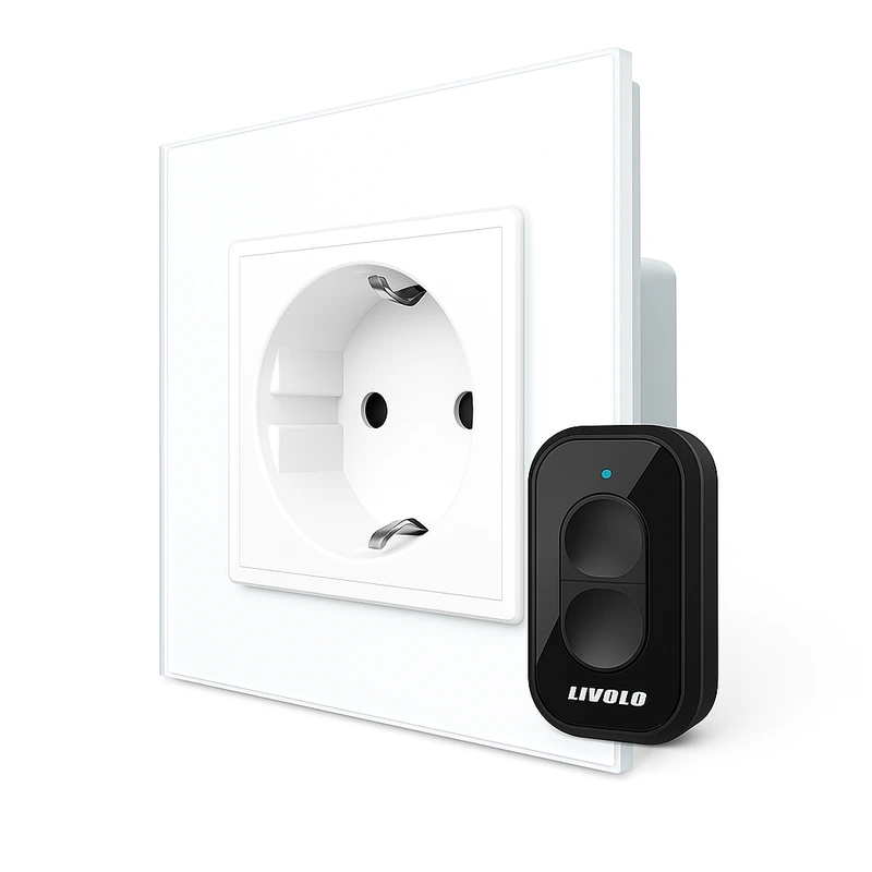 Радіокерована (дистанційна) розетка з пультом LIVOLO з заземленням та захисними шторками, керування зі смартфона, Alexa, Google Home, 16А 230В біла, матове скло