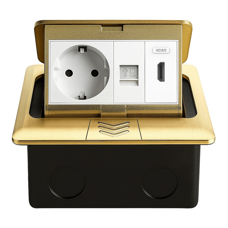 Розетка підлогова подвійна LIVOLO золота, вбудована у підлогу, з HDMI, інтернет RJ-45, для кухні, офісу чи конференц-залу, з кришкою, висувна, з заземленням, IP44, плавне відкриття, алюміній, розмір 145×145×65 мм (VL-SHS016-TC-HD-CP-A)