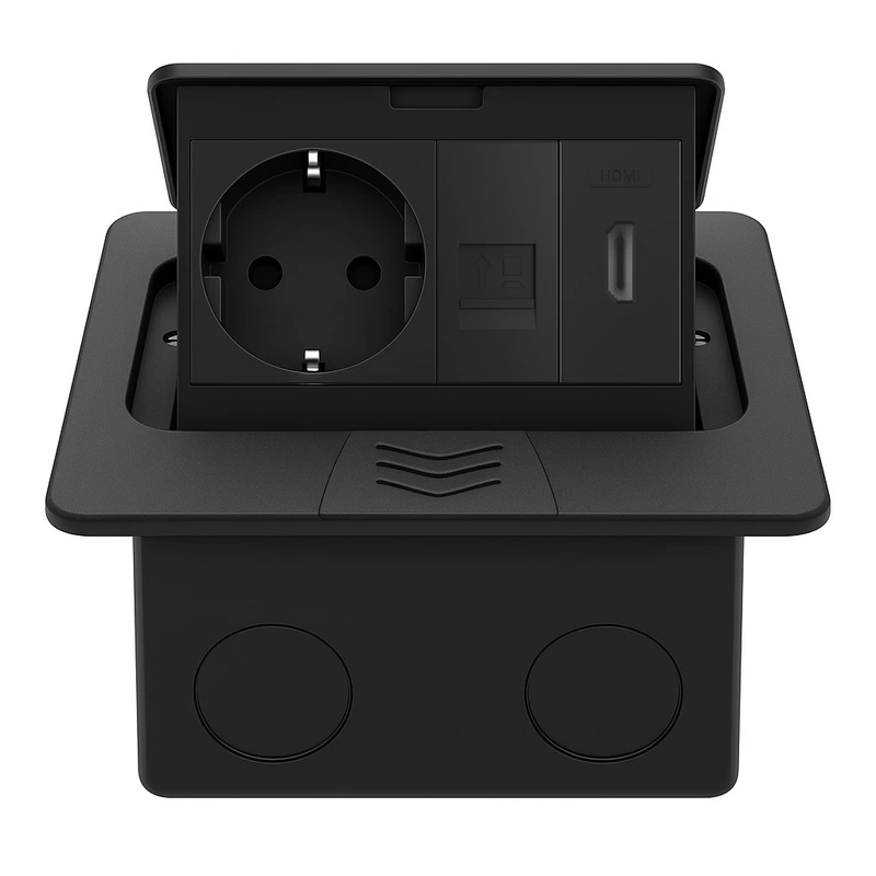 Розетка підлогова подвійна LIVOLO чорна, вбудована у підлогу, з HDMI, інтернет RJ-45, для кухні, офісу чи конференц-залу, з кришкою, висувна, з заземленням, IP44, плавне відкриття, алюміній, розмір 145×145×65 мм (VL-SHS016-TC-HD-CP-B)