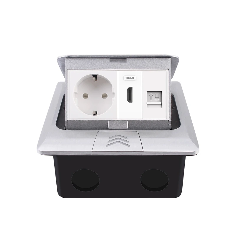 Розетка підлогова подвійна LIVOLO срібна, вбудована у підлогу, з HDMI, інтернет RJ-45, для кухні, офісу чи конференц-залу, з кришкою, висувна, з заземленням, IP44, плавне відкриття, алюміній, розмір 145×145×65 мм (VL-SHS016-TC-HD-CP-S)