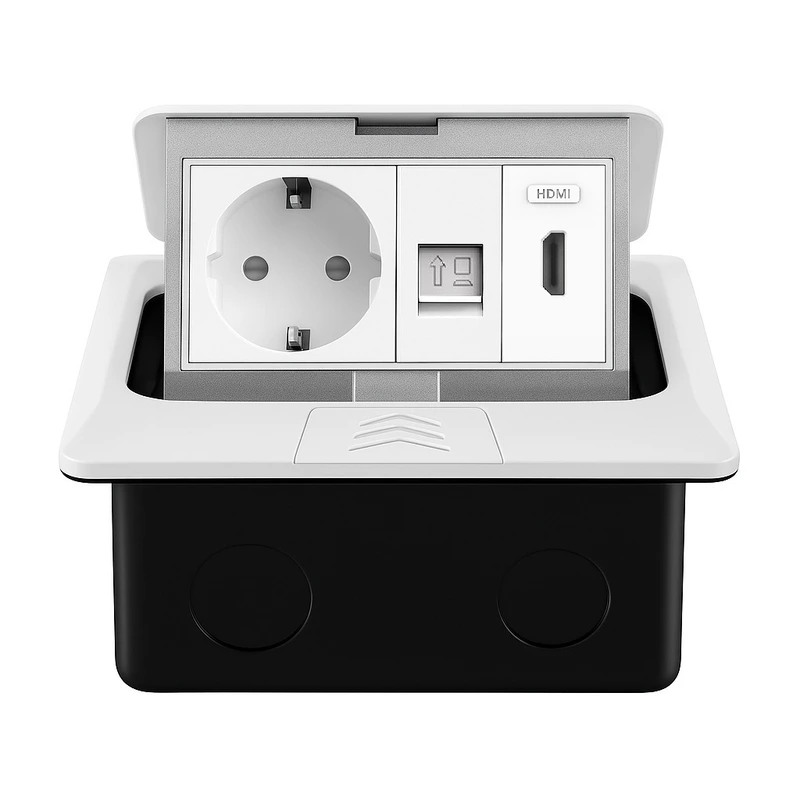 Розетка підлогова подвійна LIVOLO біла, вбудована у підлогу, з HDMI, інтернет RJ-45, для кухні, офісу чи конференц-залу, з кришкою, висувна, з заземленням, IP44, плавне відкриття, алюміній, розмір 145×145×65 мм (VL-SHS016-TC-HD-CP-W)